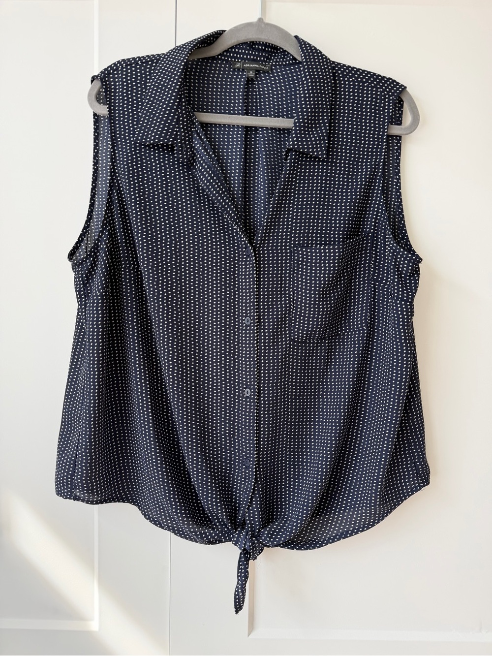 Navy & White polka dot tie front sleeveless top